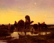 尤金 亚历克 吉卡德特 : Camel Train By An Oasis At Dawn